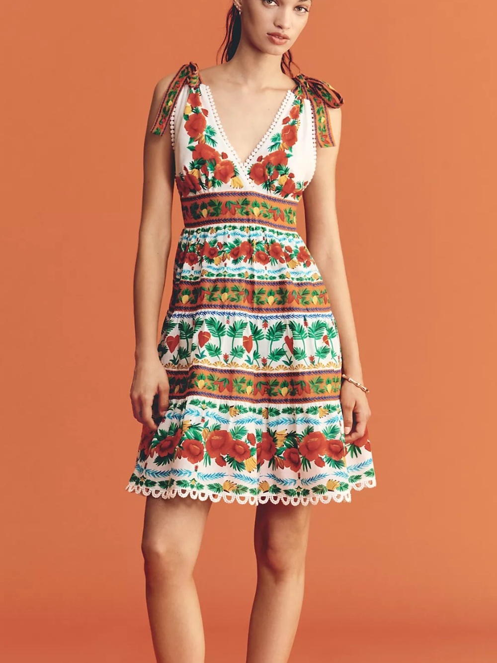 Farm Rio V-Neck Tiered Mini Dress